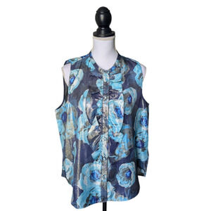J Crew Ruffle Front Top in Floral Print Jacquard Sz Large Blue Paisley AJ284
